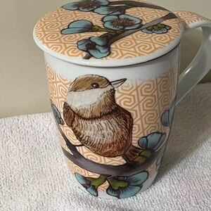 Porcelein Tea Mug, Joja de gato preto, "Birdy Pattern 2016" Tea Diffuser